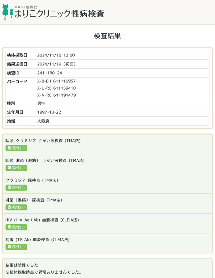 流星の性病検査証明書